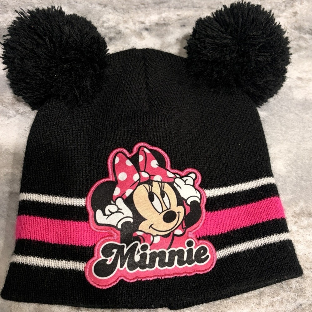 Disney Minnie Mouse Knit Beanie Hat  Pink Black Pom Pom Girls